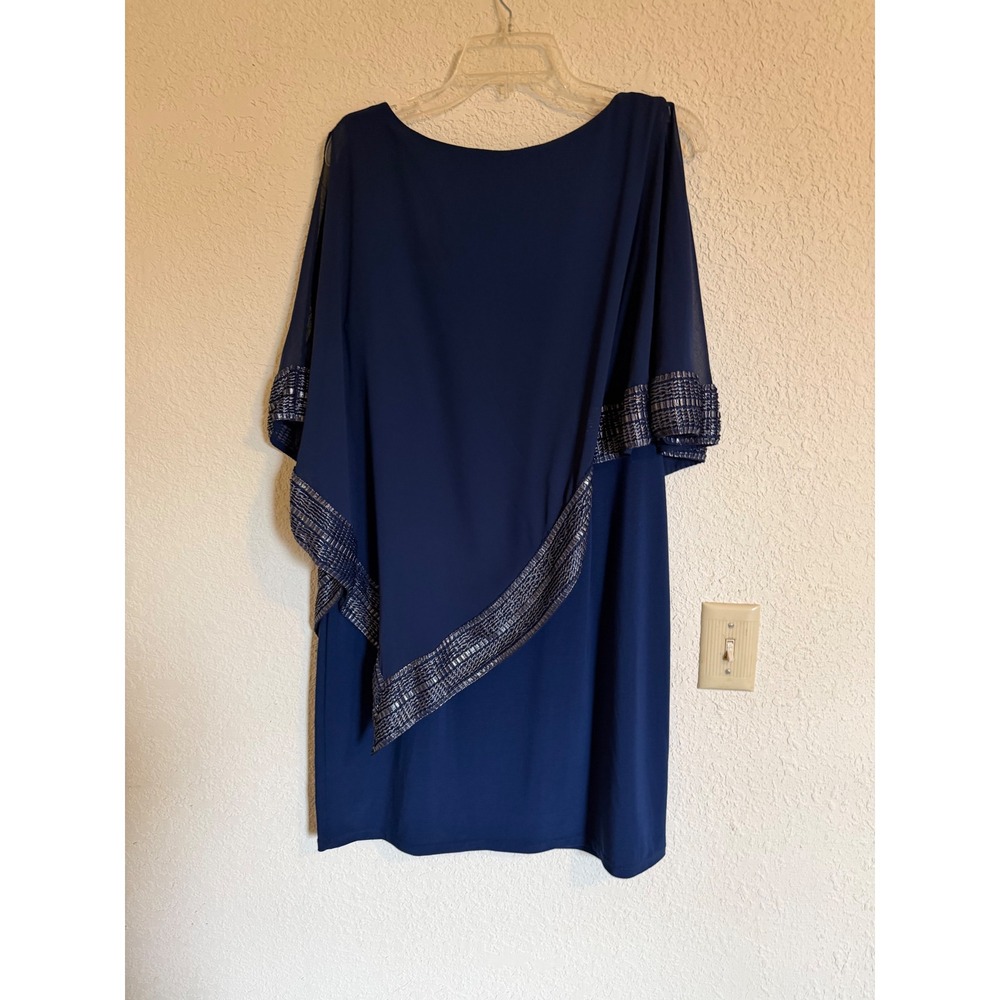 Ignite Evenings Navy Blue Beaded Asymmetrical Capelet Sheath Dress Size 10